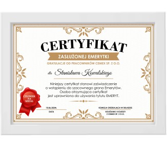 Certyfikat dyplom dla Emerytki Emeryta