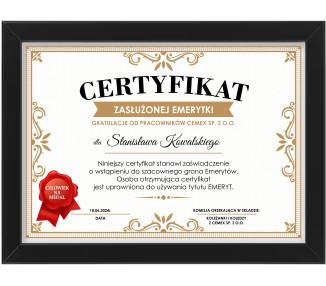 Certyfikat dyplom dla Emerytki Emeryta